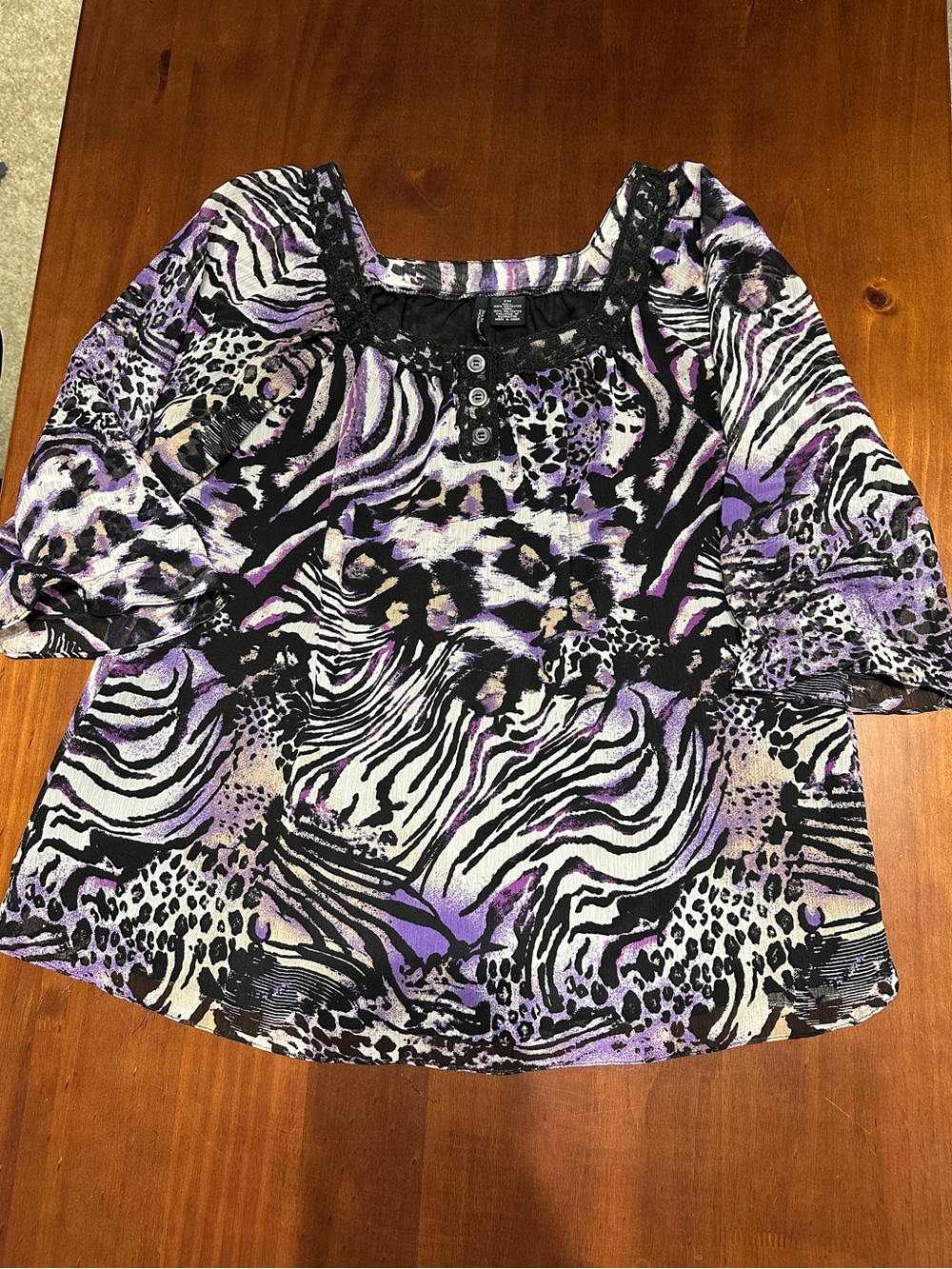 new directions Purple and Black Animal-Print Square Neck Blouse